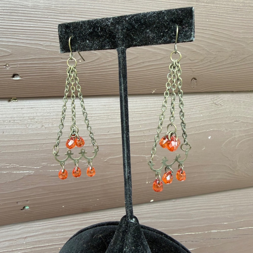 Bohoβ Brass Chandelier Earrings Amber Orange Faceted Dangle Drop 3"